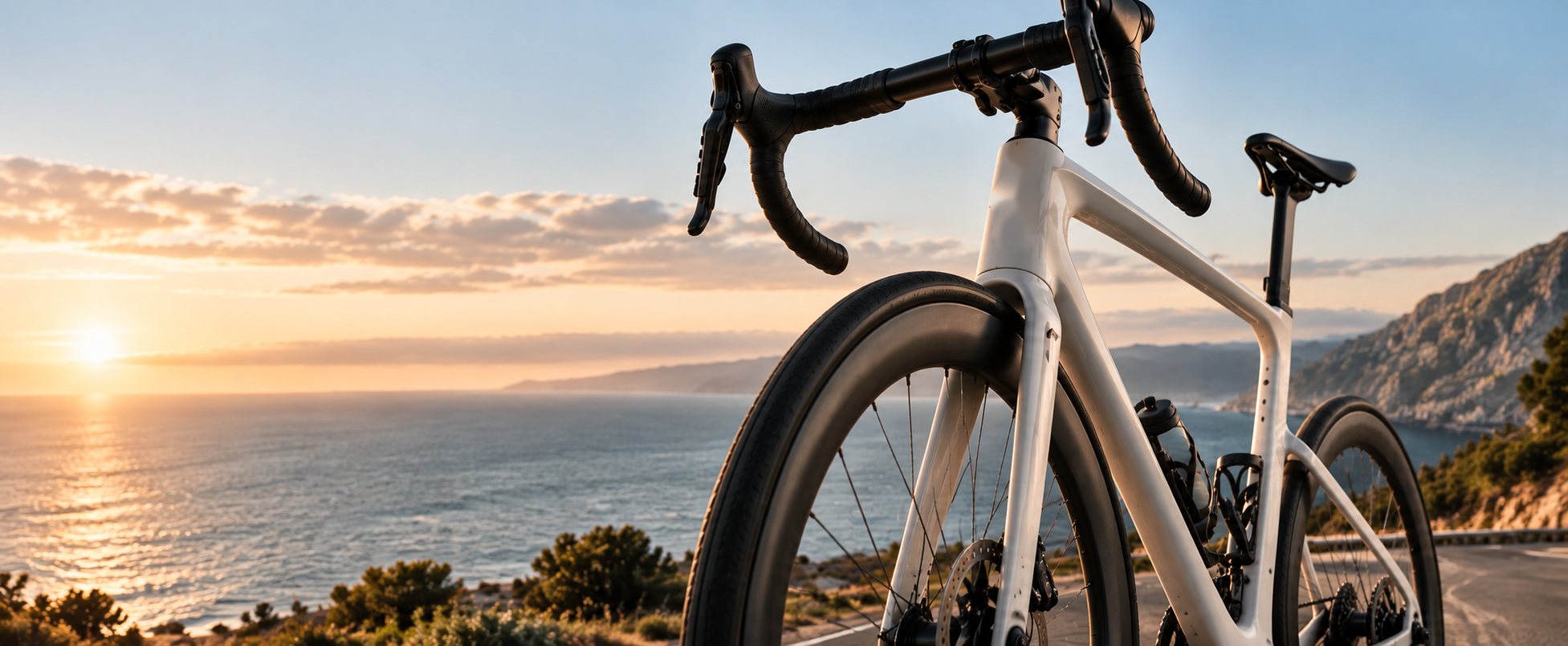 A white carbon road bike on a coastal road at sunset