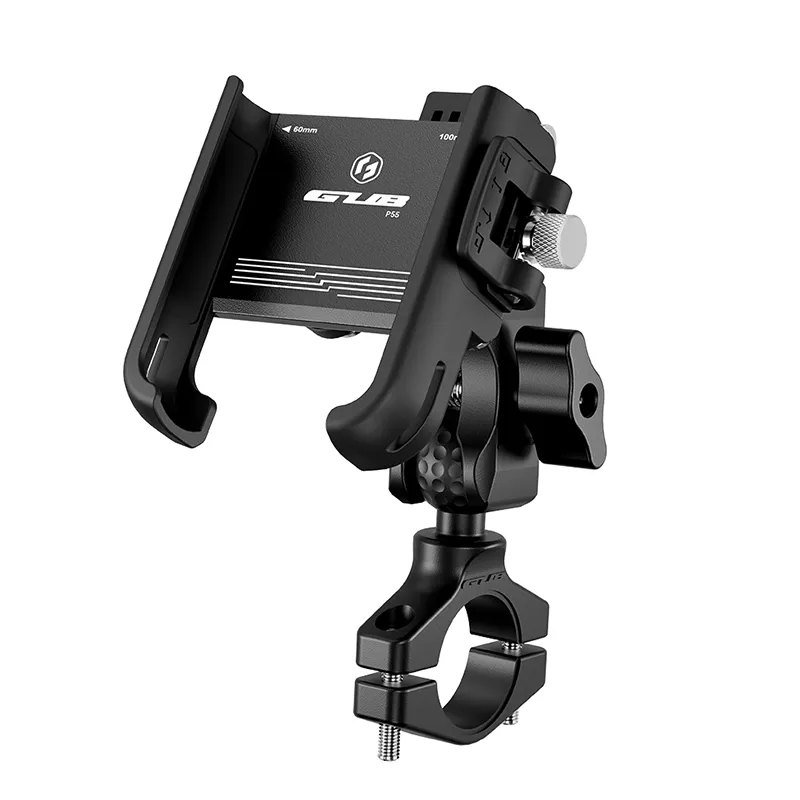 P55 aluminium anti-shock phone mount with handlebar clamp, on a white background